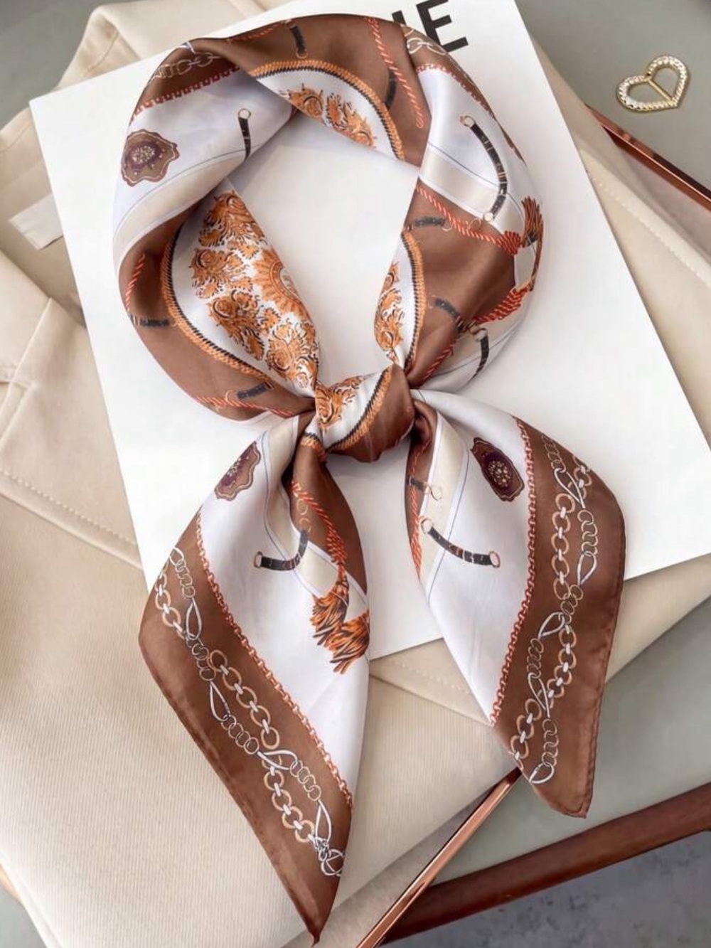 Classic Neck Scarf in Brown and White